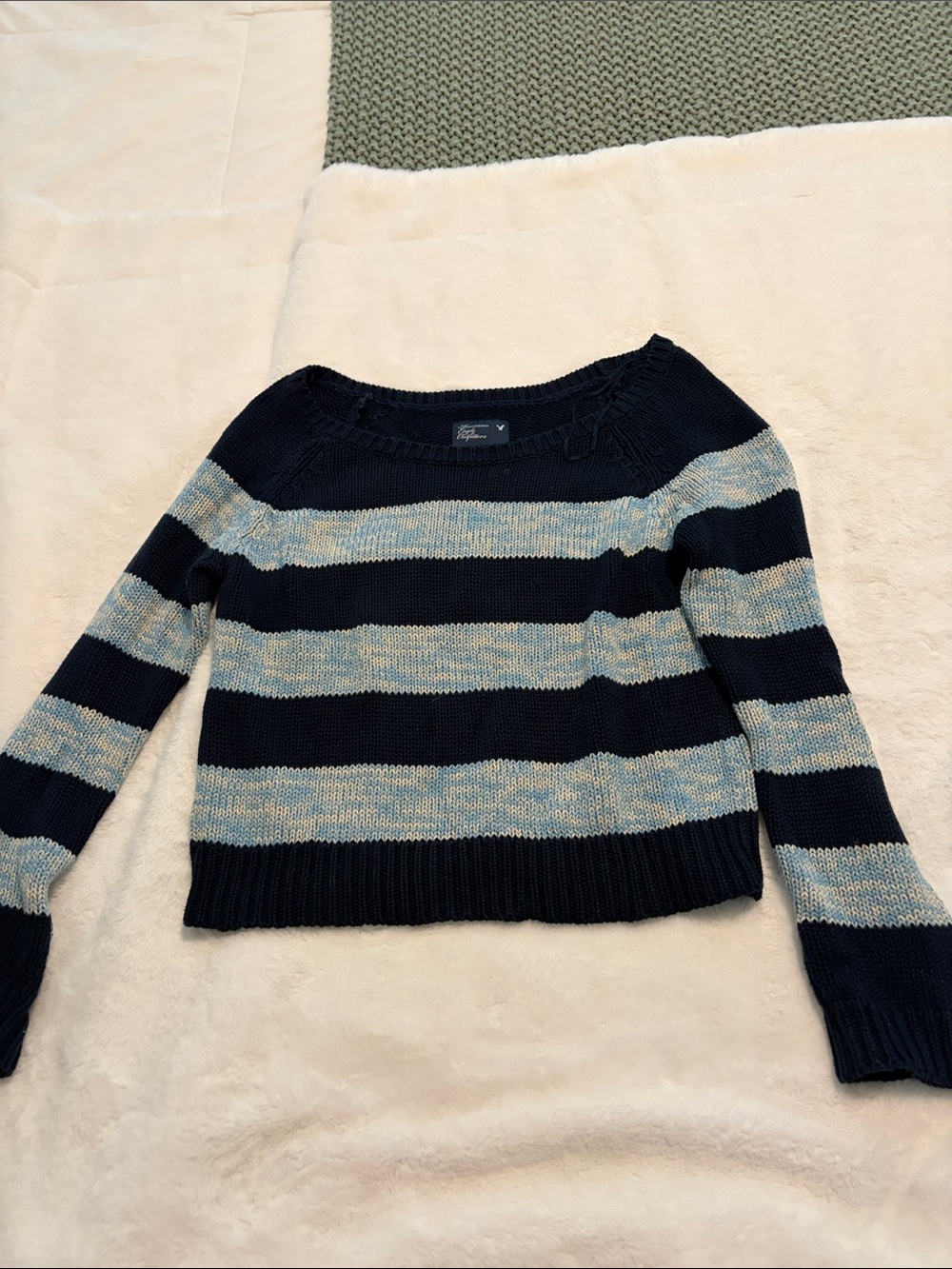 American Eagle Outfitters Navy and Light Blue Striped Crew Sweater